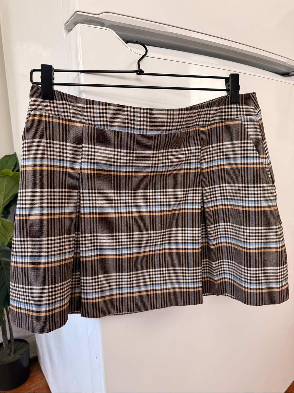Topshop Brown Plaid Pleated Mini Skirt with Blue and Tan Stripes